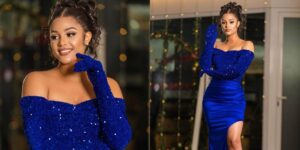 (03 photos) : Juliana Monteiro fascine dans sa robe bleu-roi fendue et ultra ajustée