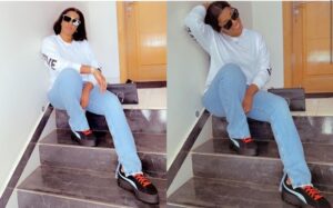 (Photos) – Jean, pull, baskets, lunettes : Zahra, la femme de Cheikhou Kouyaté, décontractée