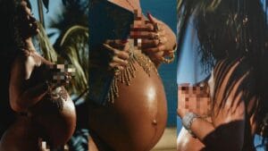 (07 Photos) – Presque nue, Rihanna pose avec son baby bump et choque la toile.