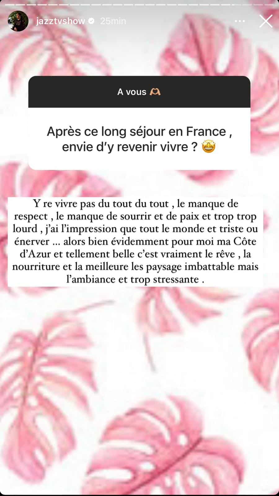 Photo : Jazz Correia catégorique sur son retour en France après ses vacances familiales