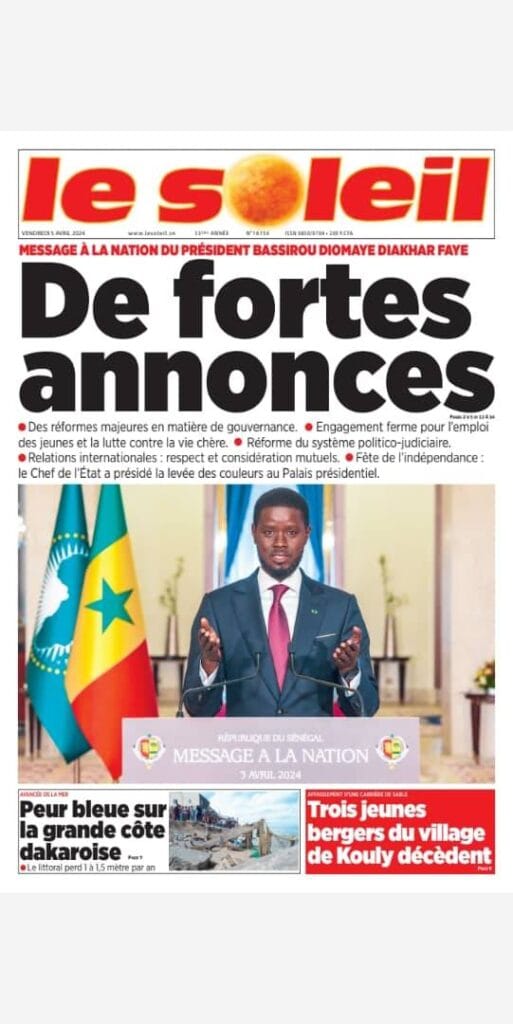 Une des journaux du vendredi 05 avril 2024