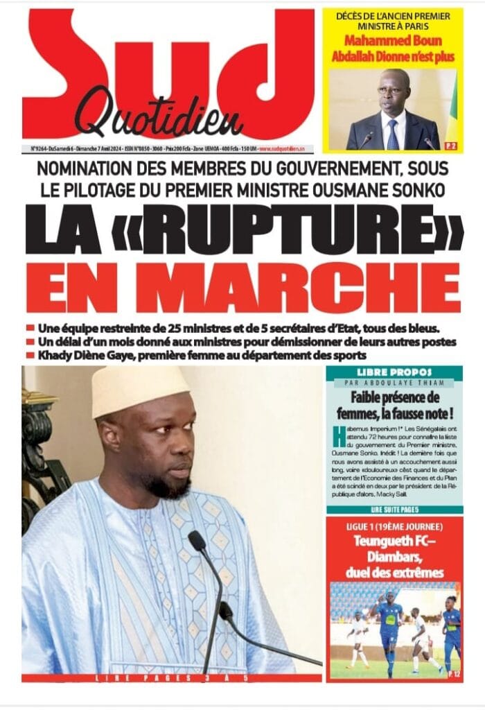 Une des journaux du samedi 06 avril 2024