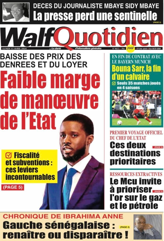 Découvrez les Unes des journaux sénégalais du lundi 15 avril 2024