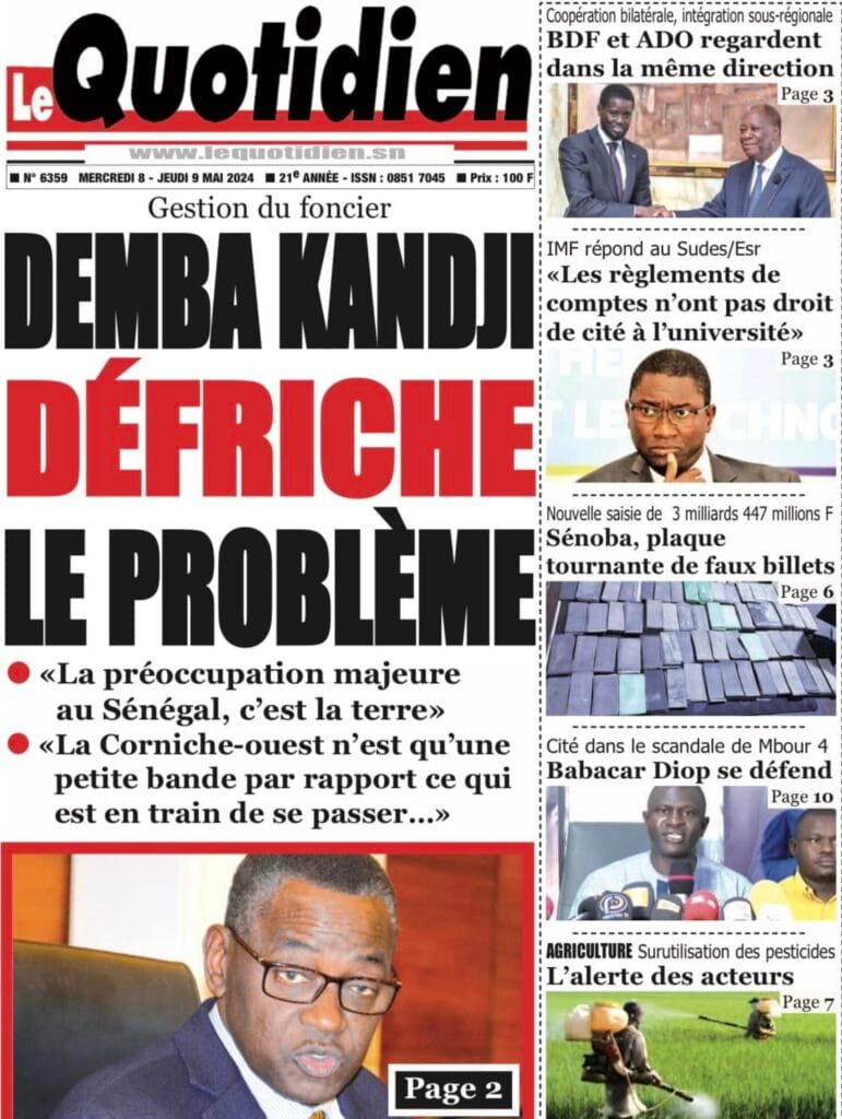 Découvrez les Unes des journaux Sénégalais du mercredi 08 mai 2024