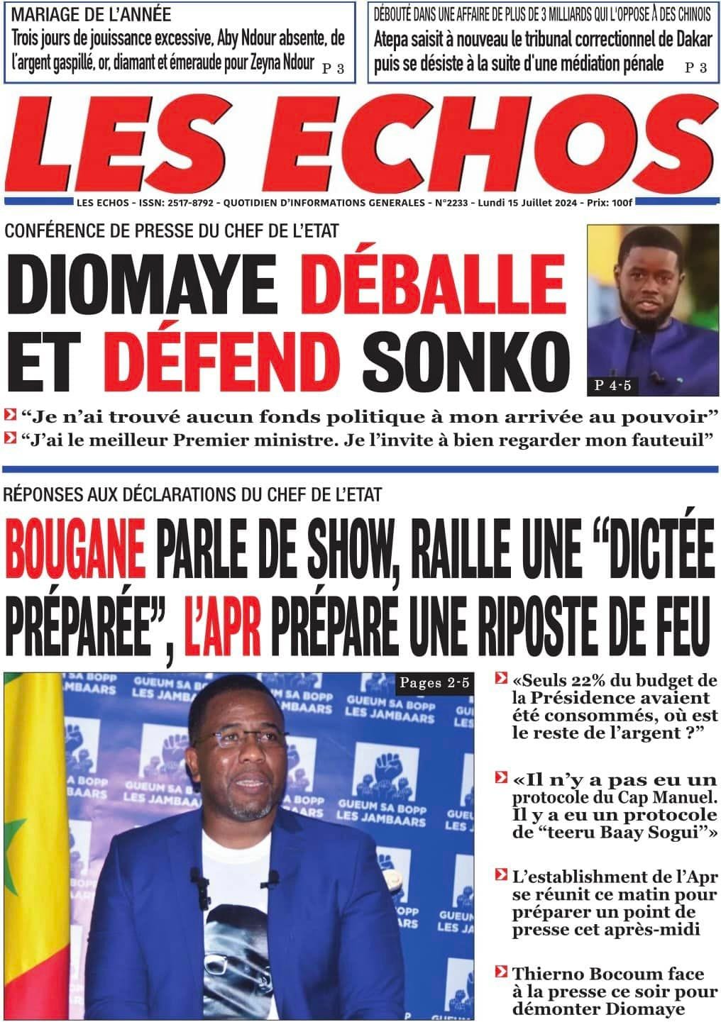Découvrez les Unes des journaux sénégalais du lundi 15 juillet 2024