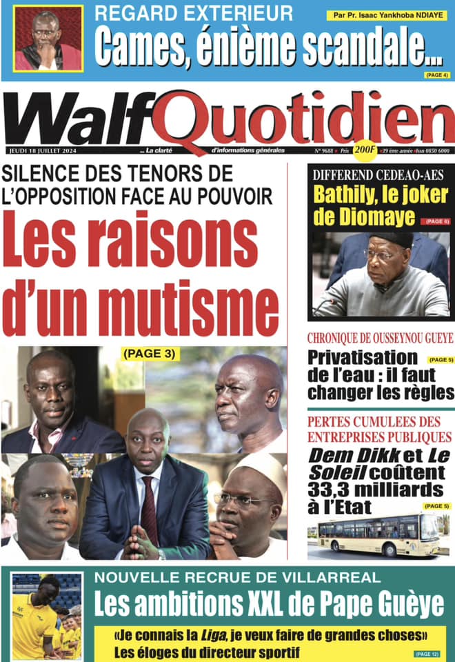 Découvrez les Unes des journaux sénégalais du jeudi 18 juillet 2024