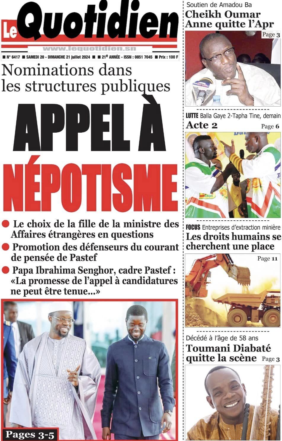 Découvrez les Unes des journaux sénégalais du samedi 20 juillet 2024