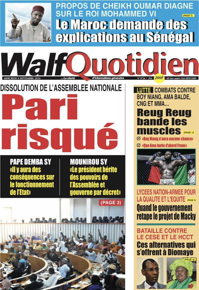 Découvrez les Unes des journaux sénégalais du mercredi 04 septembre 2024