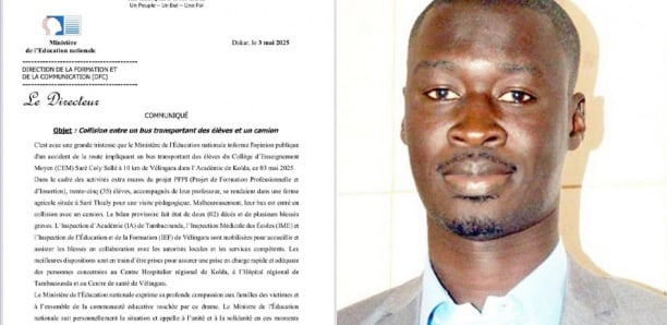 Tragique accident à Vélingara : le Ministère de l’Éducation nationale exprime sa compassion