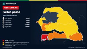 Carte de l'alerte rouge émise par Météo Sénégal : Fortes pluies