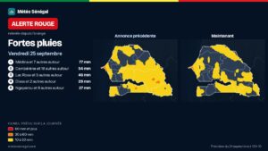 Carte de l'alerte rouge émise par Météo Sénégal : Fortes pluies